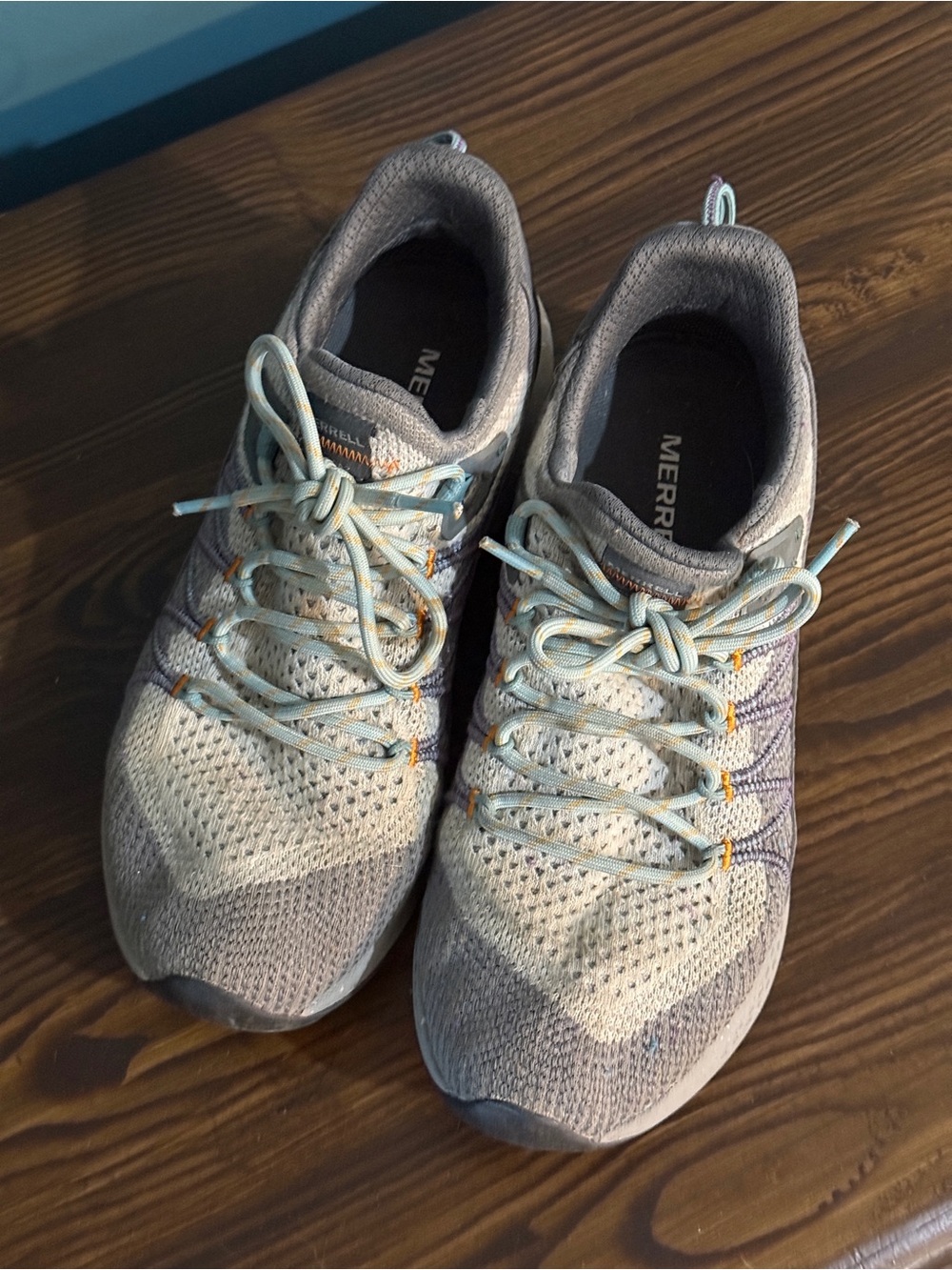 Merrell Women's Gray Knit Trail Runners with Light Blue Laces